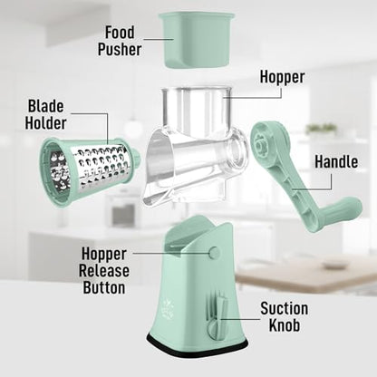 Zulay Kitchen Rotary Cheese Grater 5 Blade Cheese Shredder - Manual Hand Crank Cheese Grater With Reinforced Suction & 5 Interchangeable Drums - Easy to Use, Vegetable Chopper Round Mandoline Slicer - color: Seafoam