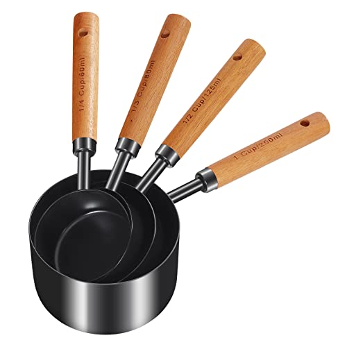 GuDoQi 8Pcs Measuring Cups and Spoons Set, Wooden Handle, Premium Stainless Steel with Metric & US Measurements, Nesting for Dry/Liquid Kitchen/Food/Baking, Black - color: Black
