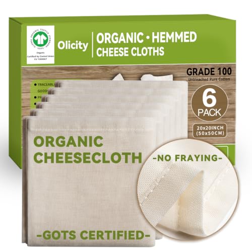 Organic Cheese Cloths, GOTS Certified, 6Pack, Grade 100, 20x20Inch Hemmed Cheese Cloth Fabric Reusable Fine Mesh Cloth,100% Cotton Unbleached Muslin Cheesecloth for Straining, Cooking, Yogurt, Juicing