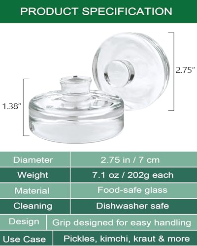 Glass Fermentation Weights - 2 Pack, 7.1oz/202g Heavy Clear Glass with Easy Grip - Smooth & Non-Porous Pickle Weights for Wide Mouth Mason Jars