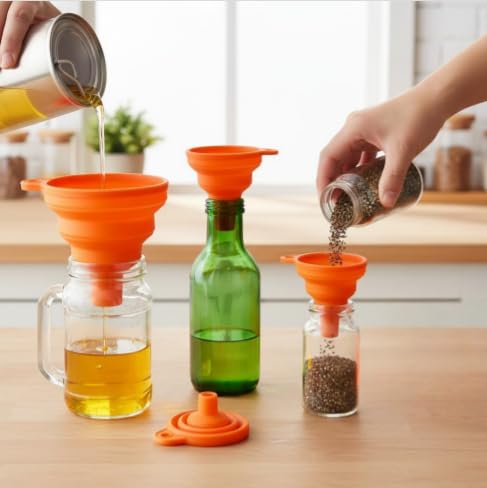 4 Pack Silicone Collapsible Kitchen Funnel for Water Beer Oil Filling Bottles ，Foldable Silicone Funnel Set – Collapsible Small & Large Funnels, Water Bottles & Liquid Transfer – Food Grade（Orange） - color: orange