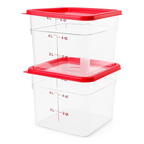 Cambro Food Storage Container with Lid - 6 QT (Quart) Square, Classic Series with Red Lid, Commercial Grade for Food Prep, Clear, 2 Pack - size: 6 QT + Lid