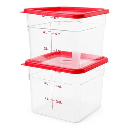 Cambro Food Storage Container with Lid - 6 QT (Quart) Square, Classic Series with Red Lid, Commercial Grade for Food Prep, Clear, 2 Pack - size: 6 QT + Lid