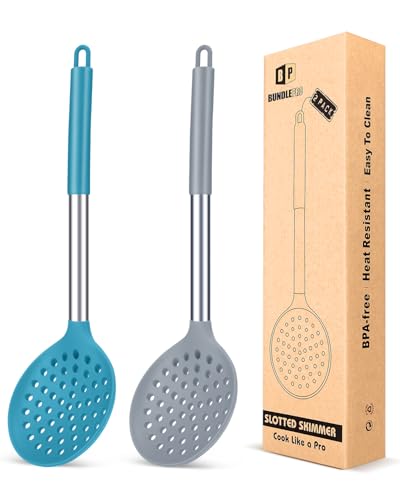 Kitchen Ladle Strainer Set of 2 Large Slotted Spoon with High Heat Resistant BPA Free Non Stick Cooking Skimmers For Draining and Frying (Grey and Teal Blue) - color: Grey and Teal Blue