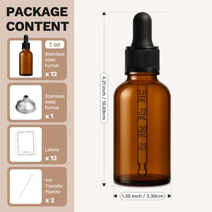 12 Pack, 1 oz Tincture Bottles with Dropper, Amber Glass Dropper Bottle Leakproof with Stainless Steel Funnel, Pipettes & Labels, 30 ml Eye Dropper Bottles For Essential Oils Serums Hair Body Oils - color: Amber