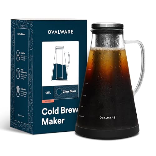 OVALWARE Airtight Cold Brew Iced Coffee Maker Pitcher (& Iced Tea Maker) with Spout – 1.5L/ 51oz Brewing Glass Carafe with Removable Stainless Steel Filter - size: 51 Ounces