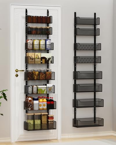 VyGrow Over the Door Organizer, 8-Tier Pantry Organizer with Fully Enclosed Mesh Baskets, Heavy-Duty Metal Hanging Spice Rack for Kitchen Bathroom Laundry Room, 2-in-1 Wall Mount or Door Mount, Black - color: Black
