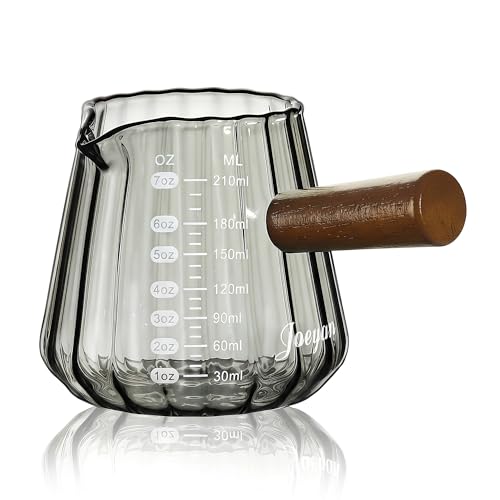 Joeyan 7 oz Espresso Cups, Glass Measuring Cup, Espresso Shot Cup with Spout and Wood Handle, Gray Espresso Shot Glass, Ribbed Milk Frothing Pitcher, Espresso Machine Coffee Bar Accessories - color: Gray ribbed espresso cup