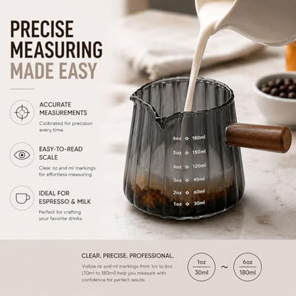 2 Pack Espresso Measuring Cup 6oz, Febwind Ribbed Borosilicate Glass Espresso Shot Cups with Wood Handle, V-Shaped Spout with oz/ml Scale for Coffee and Milk Frothing Gray - color: Gray (2 Pack)