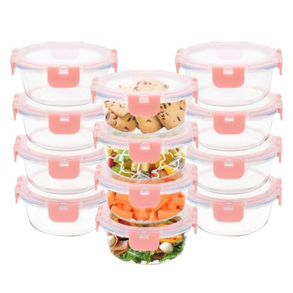 GULFLIN 12 Pack 13oz Small Glass Food Storage Containers with Lids Airtight, Leak-Proof Round Meal Prep Containers Set, Freezer to Microwave Safe, Dishwasher Safe - color: 13oz,12 Pack-Pink Set,Same Size