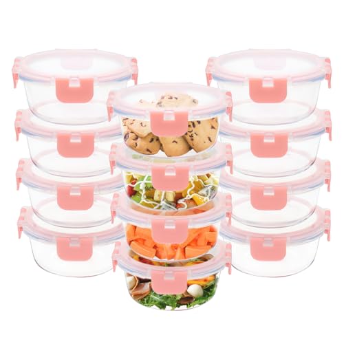 GULFLIN 12 Pack 13oz Small Glass Food Storage Containers with Lids Airtight, Leak-Proof Round Meal Prep Containers Set, Freezer to Microwave Safe, Dishwasher Safe - color: 13oz,12 Pack-Pink Set,Same Size