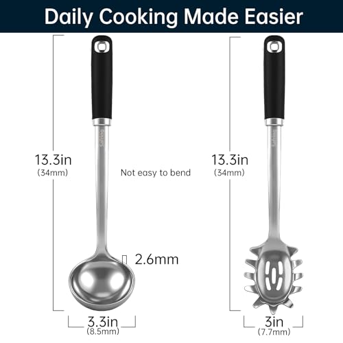Safring Stainless Steel Soup Ladle and Spaghetti Spoon Set, Heat Resistant Rubber Handle, Dishwasher Safe, Kitchen Utensils for Cooking, Stirring, Serving Pasta, Soup & Sauce - color: Black & Stainless Steel