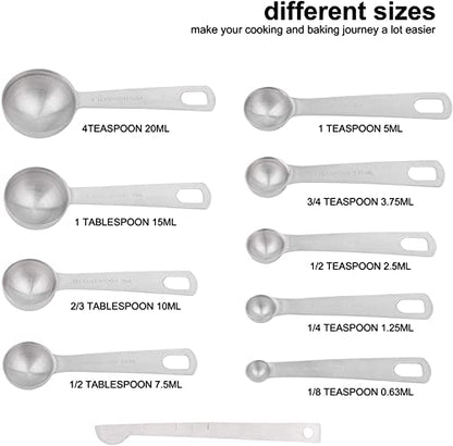 Measuring Cups and Spoons Set, 18/8 Metric & US Stainless Steel 8 Measuring Cups & 9 Spoons with 1 Leveler & 1 Measurement Conversion Chart for Baking & Kitchen - size: B: 8cups+9spoons