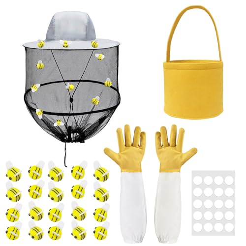 43Pcs Beekeeper Set Beekeeper Catcher Halloween Costume Including 1 Beekeeper Hat with Veil, 1 Pair of Beekeeping Gloves, 1 Felt Bucket, 20 Felt Bees, 20 Double Sided Tape for Halloween Supplies