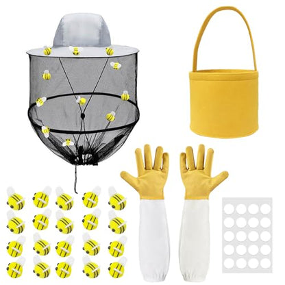 43Pcs Beekeeper Set Beekeeper Catcher Halloween Costume Including 1 Beekeeper Hat with Veil, 1 Pair of Beekeeping Gloves, 1 Felt Bucket, 20 Felt Bees, 20 Double Sided Tape for Halloween Supplies