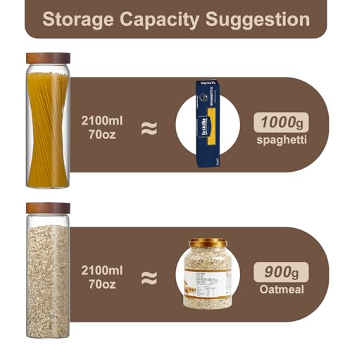 Wissy&Konny 3 Pack Glass Pasta Storage Containers with Screw wood Airtight Lid, 70oz Tall Glass Jar with Lid Spaghetti Container Storage for Pasta,Spaghetti,Cereal (132 Pantry Labels)