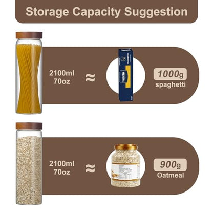 Wissy&Konny 3 Pack Glass Pasta Storage Containers with Screw wood Airtight Lid, 70oz Tall Glass Jar with Lid Spaghetti Container Storage for Pasta,Spaghetti,Cereal (132 Pantry Labels)