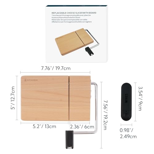 KITCHENDAO Replaceable Wire Cheese Slicer with Board, Tightness Adjustable Cheese Slicer, Beech Wood Cheese Cutter for Block Cheese, Easy to Replace, with 2 Extra Upgrade Strong Wires