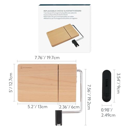 KITCHENDAO Replaceable Wire Cheese Slicer with Board, Tightness Adjustable Cheese Slicer, Beech Wood Cheese Cutter for Block Cheese, Easy to Replace, with 2 Extra Upgrade Strong Wires