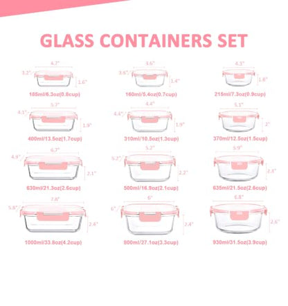 KOMUEE 24 Pieces Glass Food Storage Containers Set, Meal Prep Containers, BPA-Free Airtight Glass Storage Containers with lids,Freezer, Microwave and Oven Safe,Pink - color: Pink