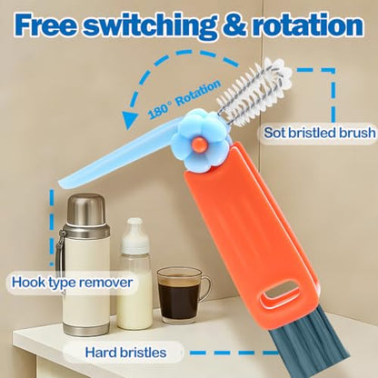 3 in 1 Cup Lid Cleaning Brush, 4PCS Multifunctional Crevice Cleaning Brush for Water Bottle Insulated Cup Tumbler Lid Groove Narrow Space Detail Cleaner Home Kitchen Gadgets - color: Red, Blue, White, Orange(flower)