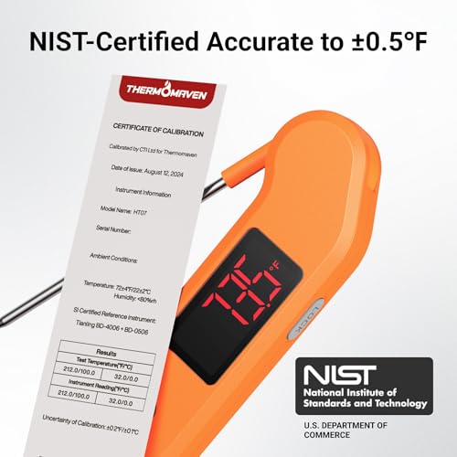 Professional Digital Meat Thermometer, 1 Sec Instant Read, ±0.5℉ Accuracy NIST&NSF Certified Food Thermometer, Auto-Rotate Bright LED Screen, Waterproof Cooking Thermometer for Grill BBQ, Orange - color: Orange