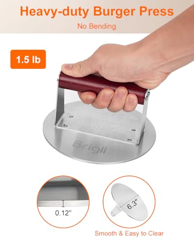 Brigii 6.3" Stainless Steel Smash Burger Press, Heavy Duty Burger Smasher for Crispy Smash Burgers, Round Grill Press for Griddle and Grill, Dishwasher Safe - size: 6.3"