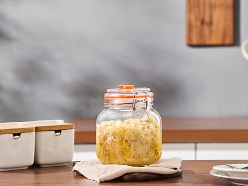 Fermentation Jars, 1L Square Glass Fermenting Kit, 2-Pack | Wide Mouth Reusable 1L Glass Jars,Ideal for Small-Batch Fermenting Sauerkraut, Kimchi, Pickles, Also Serving and Storing