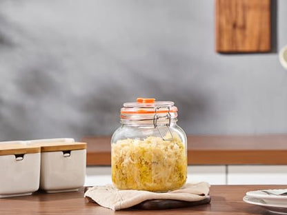 Fermentation Jars, 1L Square Glass Fermenting Kit, 2-Pack | Wide Mouth Reusable 1L Glass Jars,Ideal for Small-Batch Fermenting Sauerkraut, Kimchi, Pickles, Also Serving and Storing
