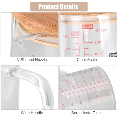 1000ml/33.8oz Microwave Safe Glass Measuring Cup | Heat Resistant Borosilicate, V-Shaped Spout, Clear Scale, Multipurpose for Kitchen, Coffee & Yogurt(1000ml/33.8oz) - size: 1000ML