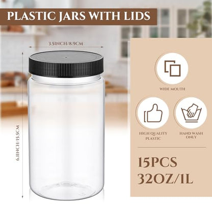 Eaasty 15 Pack 32 oz Plastic Jars with Lids Clear Mason Jars Large Storage Container Wide Mouth Empty Bulk for Home Food Candy Organizing Kitchen(Black) - color: Black
