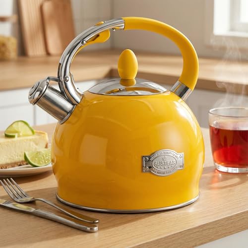 SUSTEAS Stove Top Whistling Tea Kettle - Food Grade Stainless Steel Teakettle Teapot with Cool Touch Ergonomic Handle, With 1 Silicone Pinch Mitt Included, 2.64 Quart,YELLOW - color: Yellow