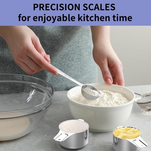 Stainless Steel Measuring Cups and Spoons Set, 6 Stainless Steel Measuring Cups, 7 Measuring Spoons & 1 Leveler, 3 Plastic Measuring Cup with 1 Measuring Conversion Chart - color: Sliver-Round Measuring Spoons and Cups Set