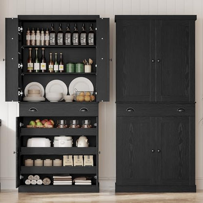 IRONCK Kitchen Pantry Cabinet 72" Height, Freestanding Cupboard with Drawer, Sliding Storage Rack, and 6 Hanging Shelves for Dining Room, Laundry, Living Room, Black - color: Black