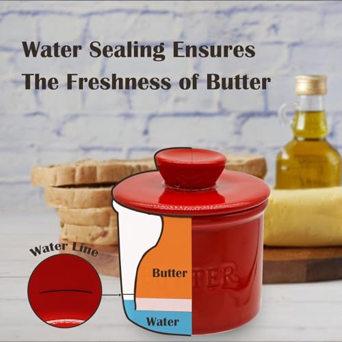 Ceramic Butter Crock, Airtight Butter Crock With Lid for Countertop, Round French Butter Keepers, Porcelain Butter Dish With Lid (Red) - size: Red