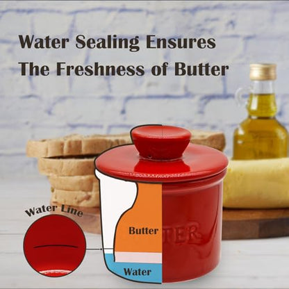 Ceramic Butter Crock, Airtight Butter Crock With Lid for Countertop, Round French Butter Keepers, Porcelain Butter Dish With Lid (Red) - size: Red