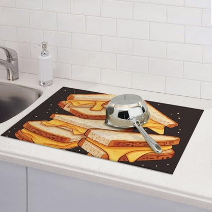 Microfiber Dish Drying Mat for Kitchen Countertop Cheese Sandwiches Dishes Mats Absorbent Dishs Pad with Hook Washable Dish Drainer Mat Large Kitchen Dish Drying Pad 18x24 Inch