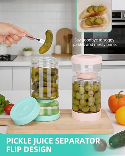 ZENS Pickle Jar with Strainer Flip, 37 oz Hourglass Pickle Juice Separator Container, Airtight Leakproof Lid, Dual Wet-Dry Design, Time Tracker Lid – 2 Pack Olive & Kimchi Jars - color: 01-Pink&Blue, size: 37oz 2pcs
