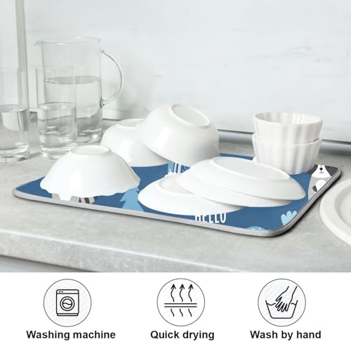 Raccoon Rainbow Tree Blue Dish Drying Mat for Kitchen Counter Super Absorbent Draining Mat with Non-slip Backed Dish Rack Pad for Draining Racks Countertops Sinks Dish Bottles Cups Bowl