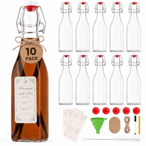 Ruckae Square Swing Top Glass Bottles with Lids Kombucha Coquito Flip Top Glass Bottle for Syrup Vanilla Extract Brew Beer Kefir Air Tight Bottles for Gift (12 oz 10 pack) - size: 12 oz 10 pack