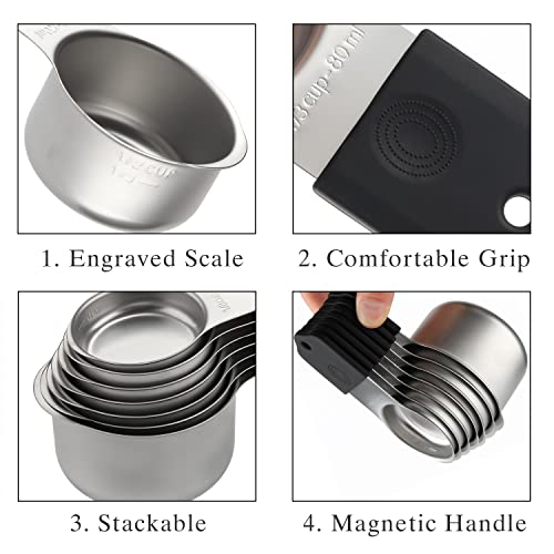 Magnetic Measuring Cups and Spoons Set Including 7 Stainless Steel Stackable Measuring Cup 8 Double Sided Magnetic Measuring Spoons with 1 Leveler for Dry and Liquid Ingredients (black) - color: Black