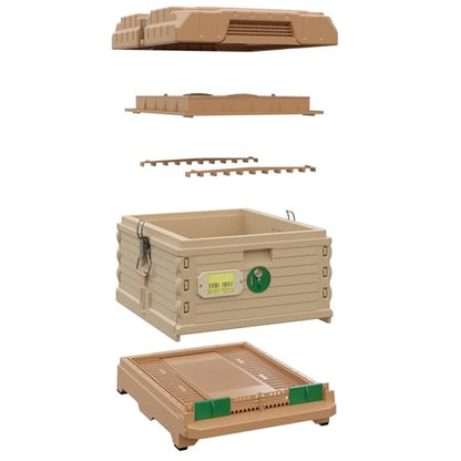 Apimaye Ergo Insulated 10 Frame Bee Hive Set with NEW Dual Feeder! [NO Frames Included] (Single Hive, Tan Body Green Entrance) - color: Tan Body Green Entrance