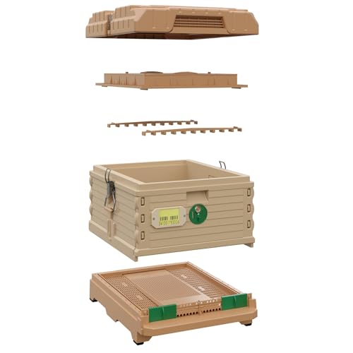 Apimaye Ergo Insulated 10 Frame Bee Hive Set with NEW Dual Feeder! [NO Frames Included] (Single Hive, Tan Body Green Entrance) - color: Tan Body Green Entrance
