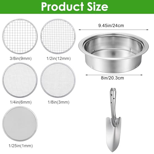 5 Pcs Soil Sifter Set, Stainless Steel Garden Sieve with 5 Interchangeable Meshes 1/3/6/9/12mm, 8 Inch Diameter for Gardening, Compost, Bonsai, Dirt and Sand Sifting, with Shovel, Silver