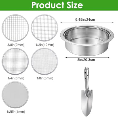 5 Pcs Soil Sifter Set, Stainless Steel Garden Sieve with 5 Interchangeable Meshes 1/3/6/9/12mm, 8 Inch Diameter for Gardening, Compost, Bonsai, Dirt and Sand Sifting, with Shovel, Silver