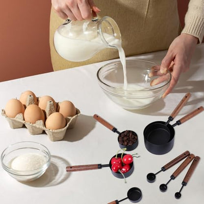 Stainless Steel Measuring Cups Set and Measuring Spoons Wooden Handle Metal Measure Cups and Spoons for Cooking and Baking, 8 Piece - color: Black