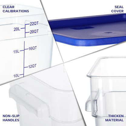 BIEAMA 4 Pack Food Storage Containers, 22 Quart with Lids, Square Commercial Containers with Scale, NSF, Polycarbonate, Clear - color: 22Qt-4 Pack(Blue Lids)