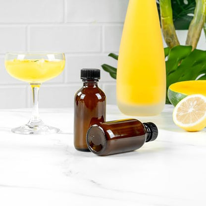 Restaurantware Vetri 2 Ounce Boston Glass Bottles, 48 Sample Bottles With Black Phenolic Caps - Dishwashable, Round, Amber Glass Bottle, For Potion, Juice, Ginger Shots, Whiskey, Liquids - color: Amber, size: 2 oz