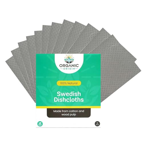 Organic Origin Swedish Dishcloths for Kitchen - Reusable Kitchen Cleaning Cloths, Absorbent Cellulose Sponge Cloths, Washable Dish Rags, Quick-Drying Dish Towels, Paper Towel Alternative (12 Pack)