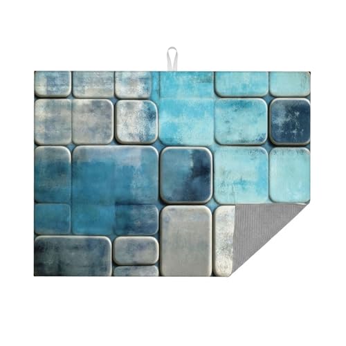 Kitchen Drying Mat for Countertop Modern Blue Geometric Tile Non-Slip Kitchen Counter Mat for Dishes Glassware - color: Blue Teal & Gray